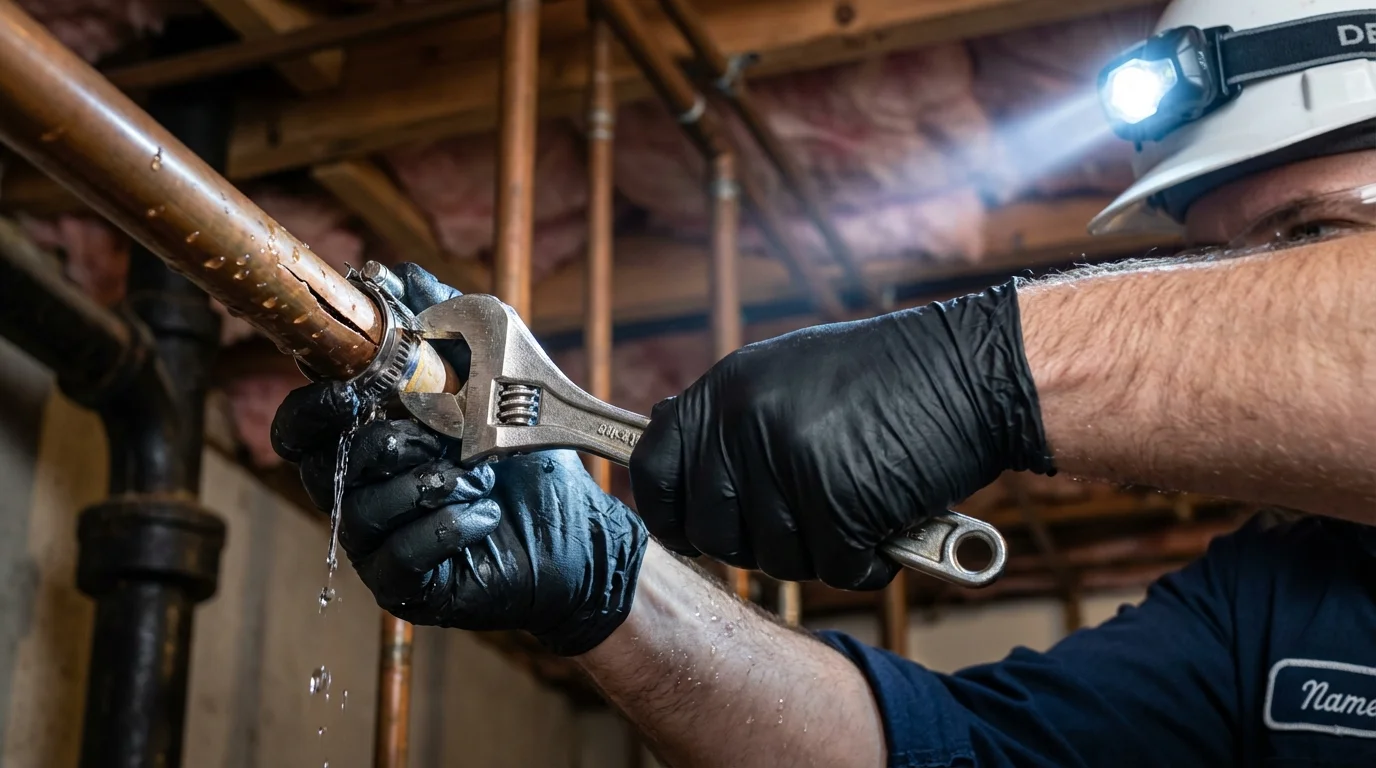 Emergency pipe clamp repair being performed by a Johns Plumbing LLC plumber in Rangely