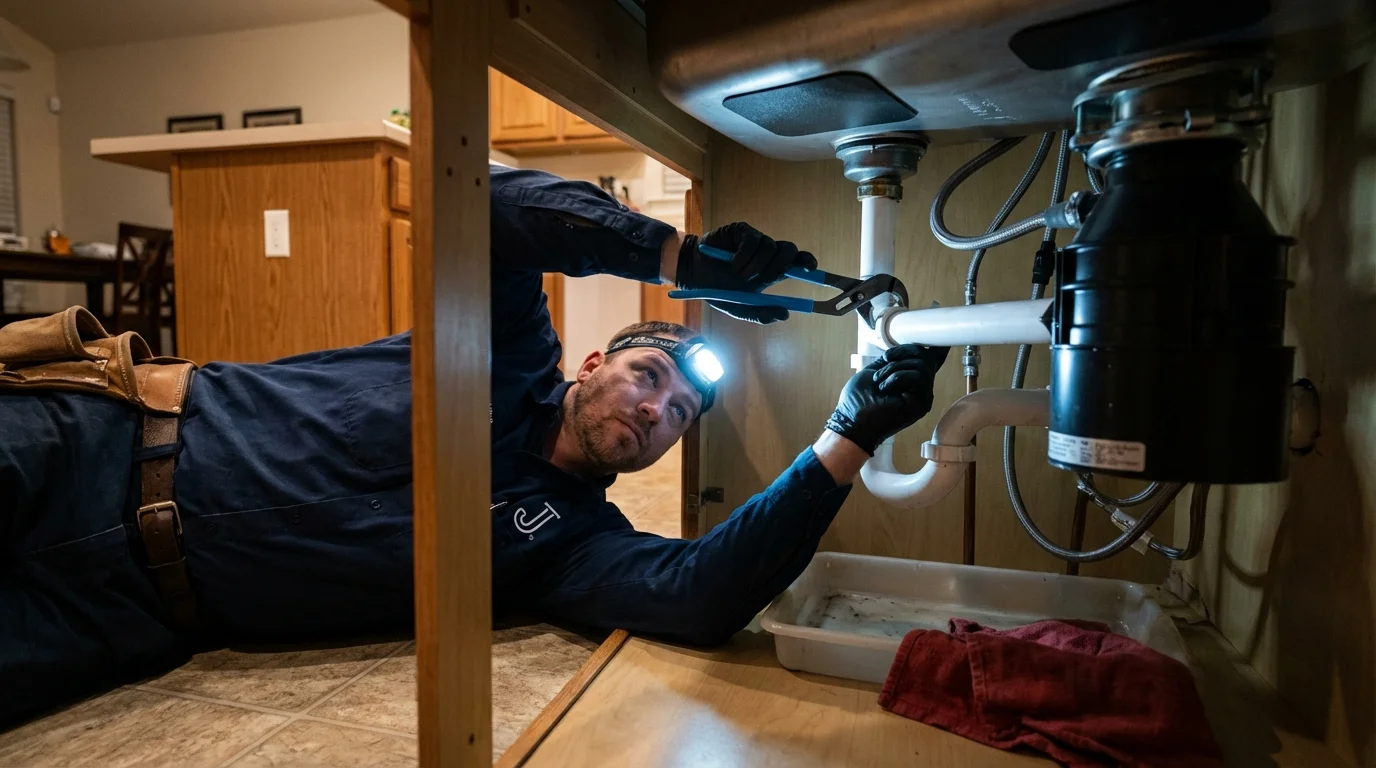 P-trap and supply line connections under a kitchen sink showing a common leak point in Rangely, CO